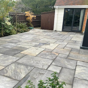 Raised Indian Sandstone Patio with Brick Wall and Steps in Ashford, Kent (4)