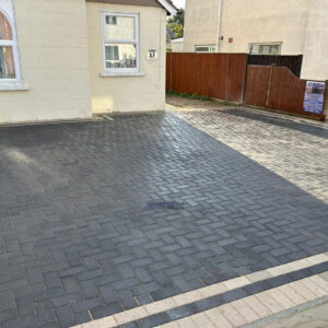 Charcoal Block Paved Driveway with Natural Grey Borderlines in Ashford,…