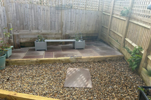 Slabbed Patio With Sleeper Tiers, Gravel And Stepping Stones In Tunbridge Wells (4)